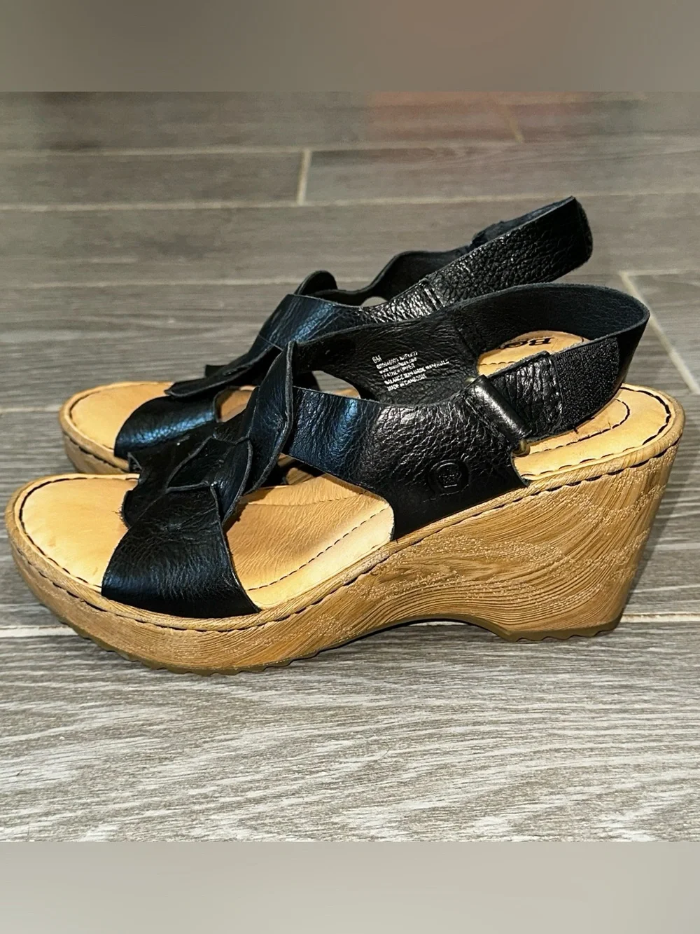 Born Nina Braided Front Wedge Black Leather Women’s 6M Platform Open Toe Sandal